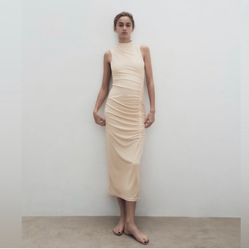 NWOT ZARA NUDE RUCHED MIDI HIGH COLLAR DRESS